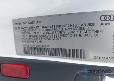 2022 Audi A4 Premium Plus 45 Tfsi S Line Quattro S Tronic from USA, damaged, VIN WAUEAAF42NN012998